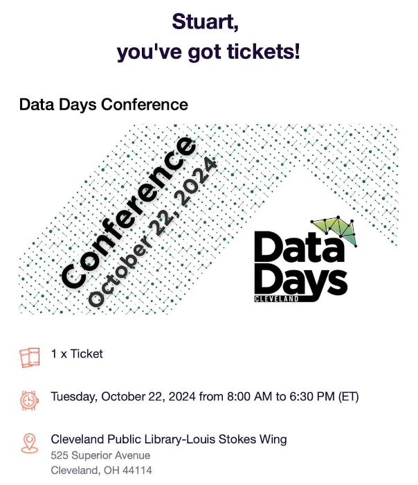 Ticket for Stuart O. Smith, Jr., for Data Days CLE 2024!